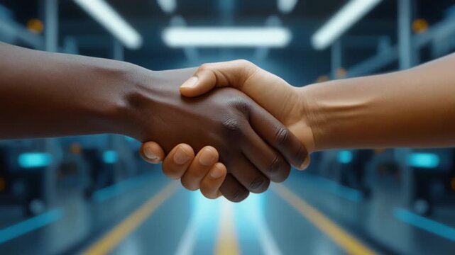 A close-up of a human and robot hand shaking, representing innovation, technology, and futur.