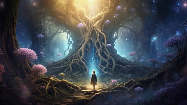 Mystical scene depicting an ancient tree with sprawling roots, enveloped in magical light, 