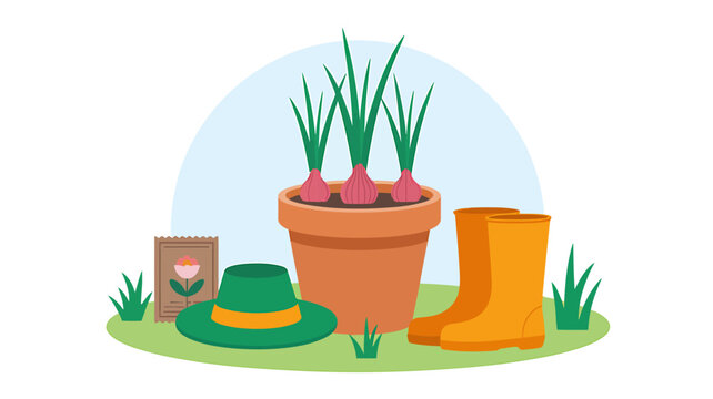 Garden Scene with Green Hat Boots and Planting Supplies