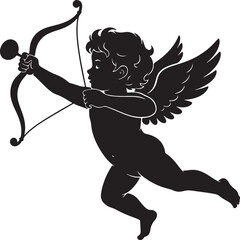 Fototapeta premium Cupid Black Silhouette Aiming Bow and Arrow, Isolated on White Vector