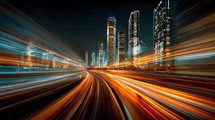 Fototapeta premium Dynamic City Lights: A vibrant display of city lights streaks across the frame, conveying the speed and energy of urban life, with towering skyscrapers silhouetted against a night sky.