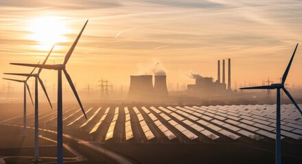 Obraz premium Mixed energy sources wind turbines, solar panels, and a powerplant at dawn