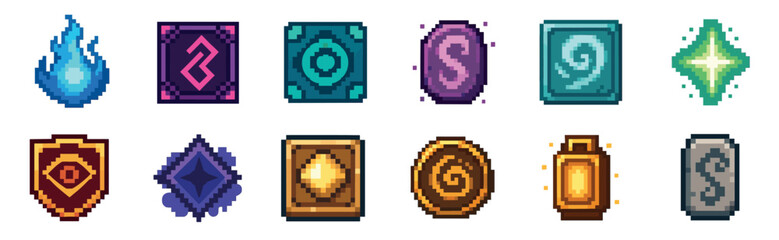 Fototapeta premium Collection of colorful pixel art icons for a fantasy video game, featuring magical items like runes, spells, a shield, and potions in a retro 8-bit graphic style