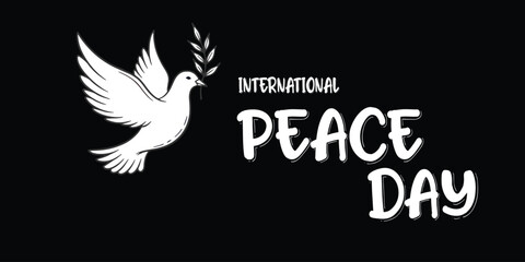 Obraz premium Bold International Peace Day poster with white dove on black background. Perfect for strong peace messages, awareness campaigns, social movements, and digital promotions.