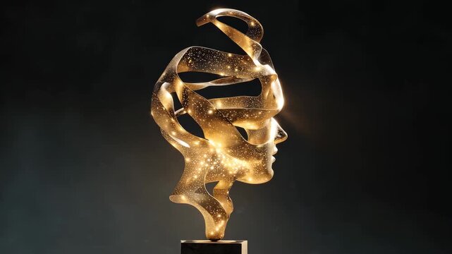 A golden trophy placed on a polished wooden table, reflecting light and showcasing its intricate design.