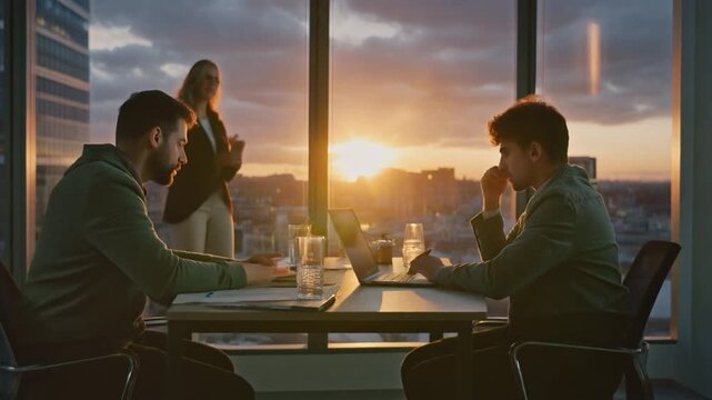 Employees working overtime hours at office, sun setting down, cityscape background.