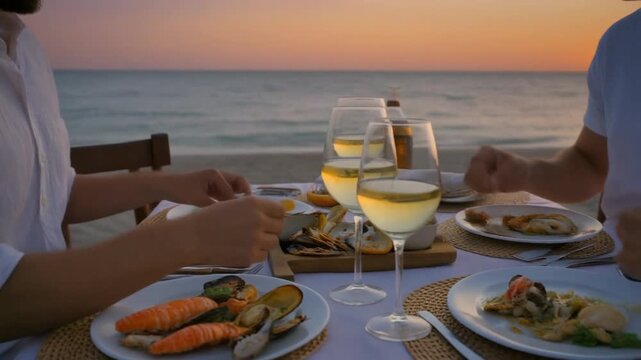 Seafood Dinner with White Wine by the Ocean at Sunset