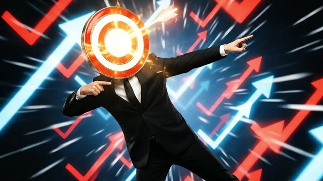 A businessman with a target for a head successfully hitting the mark amidst upward arrows