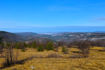 Obraz premium Meadow with evergreen and deciduous trees and a view of Jraški Rob or Bržanija in Primorska, Slovenia