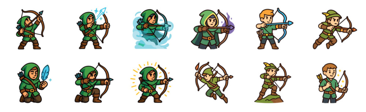 Set of twelve cute cartoon archer characters in various action poses for a fantasy role-playing game, featuring different magical arrows and ranger outfits