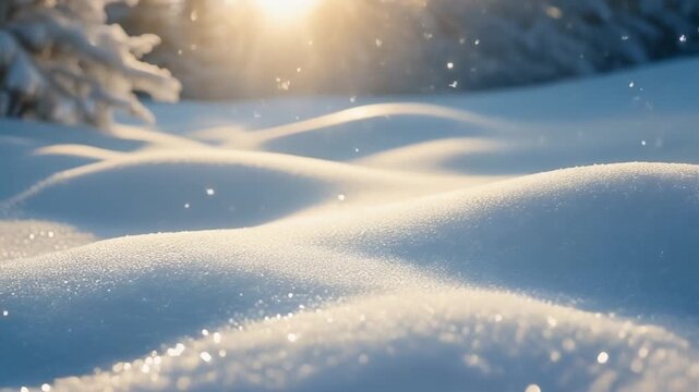 A tranquil winter landscape with sunlit snowdrifts and softly glowing highlights,