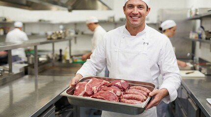 Chef holding tray of fresh meat in professional kitchen environment  