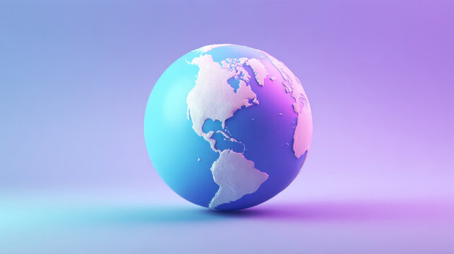 Three dimensional rendering globe earth world map blue gradient background pastel sphere with detailed continent relief, floating soft light, modern abstract design for global technology