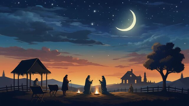 Illustration capturing the quiet stillness of Bethlehem at night during the birth of Jesus