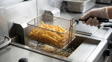 Chef lifting basket of fried potatoes from hot oil in kitchen  