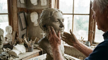 Sculptor shaping clay bust in studio with natural light  