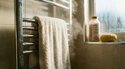 Heated towel rail with soft towel hanging in steamy bathroom  