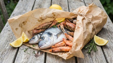Fresh seafood catch wrapped in paper with lemon slices on wooden table  