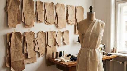Sewing patterns hanging on wall next to dressmaker mannequin in studio  