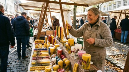 Elderly woman selling colorful candles at outdoor market in autumn  