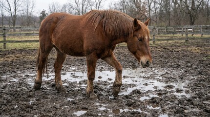 Brown horse walking through muddy paddock in winter landscape  
