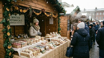 Young woman selling handmade products at winter fair market stall  