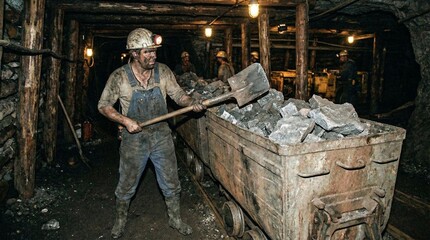Man loading ore into cart while working in underground mine  