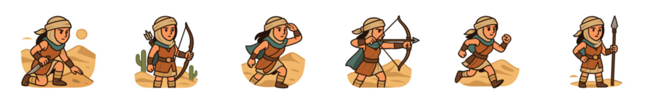 Collection of six cartoon desert adventurer sprites in different action poses for a game, including hunting with a bow, scouting, running, and holding a spear