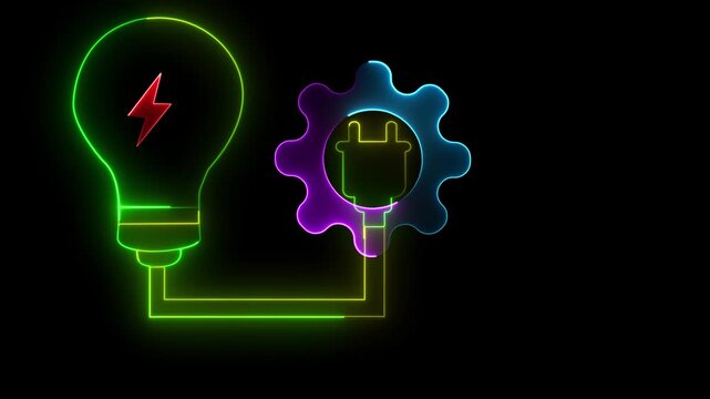 Neon light bulb with lightning bolt and gear with electrical plug in rainbow colors on black background