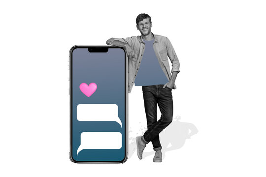 Composite trend artwork image photo collage of silhouette young man stand hand hold smartphone display chatting cloud app date heart love