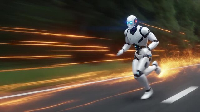 High-speed humanoid robot running with blazing energy trails symbolizing the rapid accelerat.