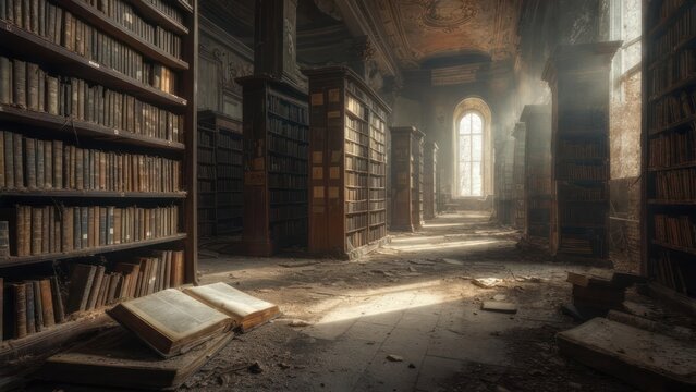 Sunlit, dusty library