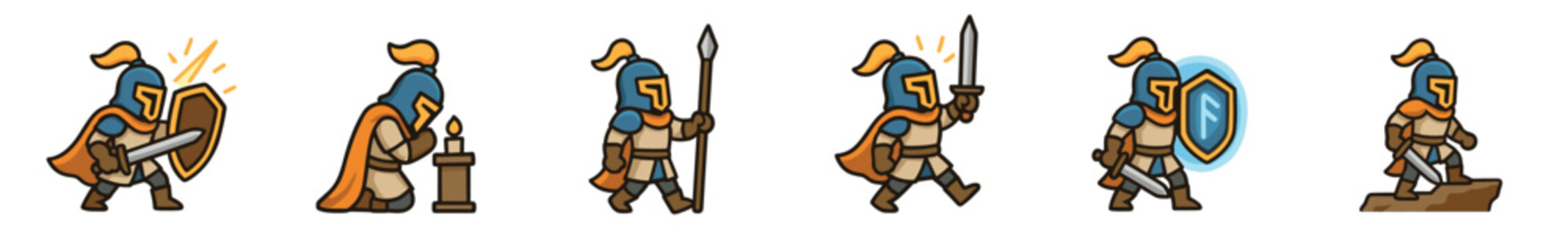 Set of six cartoon knight character sprites in various action poses, including fighting with a sword, blocking with a shield, walking with a spear, and praying