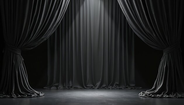 Stage with draped curtains spotlight illuminates empty theater floor. Dark dramatic background, empty room for performance, presentation, or concert. Show setting for play, opera, or fashion show.