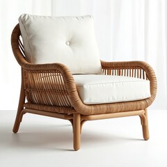 Rattan lounge chair with soft white cushion. Elegant natural wood furniture adds comfort and style. Perfect for living room or patio seating.