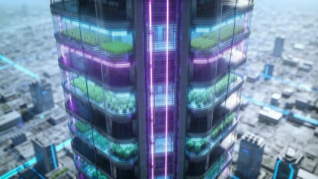 Towering vertical megafarm skyscraper with glowing hydroponic floors, transparent fa&ccedil;ade, neon nutrient conduits and a dense futuristic cityscape below, clean sci‑fi architecture, no people, no text.