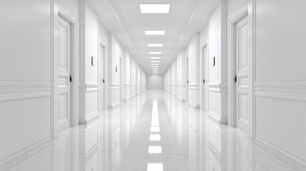 Fototapeta premium Infinite Corridor: An endless corridor of pristine doors and reflective surfaces stretches into the distance, conveying a sense of order and potential.