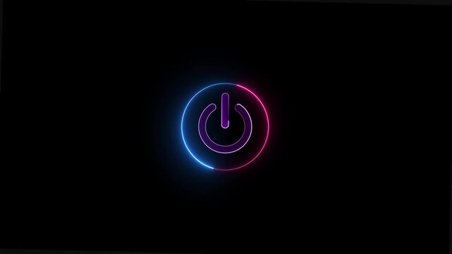 Neon power reset button sign icon animation switch start up neon screen turn on off button computer and mobile phone technology closed shutdown icon with black background.