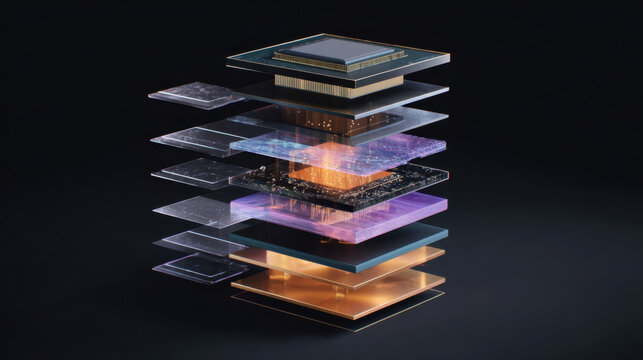 Exploded view layered microchip processor circuit board semiconductor engineering breakdown, floating transparent layers with glowing core, futuristic visualization for computing and data