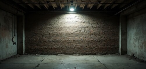 Fototapeta premium Empty industrial basement interior with concrete floor brick wall and bare ceiling. Single light bulb illuminates bare wall creating dramatic shadows. Rough grunge texture adds gritty ambiance.
