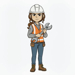 Fototapeta premium Determined female construction worker holding a large wrench ready for any repair task