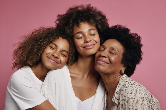 Three african females of different ages embracing with joyful expressions against pink background