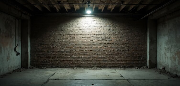 Empty industrial basement interior with concrete floor brick wall and bare ceiling. Single light bulb illuminates bare wall creating dramatic shadows. Rough grunge texture adds gritty ambiance.