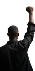 African adult male raising fist in symbol of strength against white background