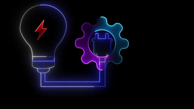 Neon light bulb with lightning bolt and gear with electrical plug in blue and white on black background