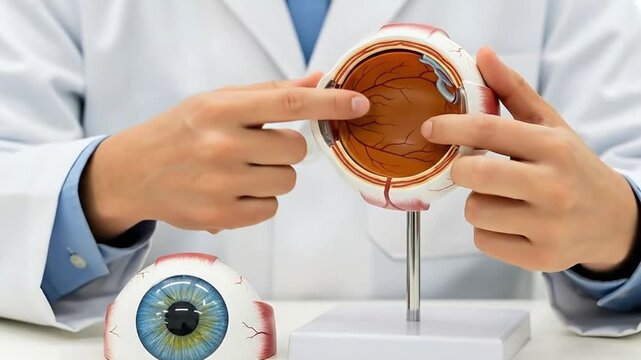 Doctor Examines Eye Model for Medical Education Purposes