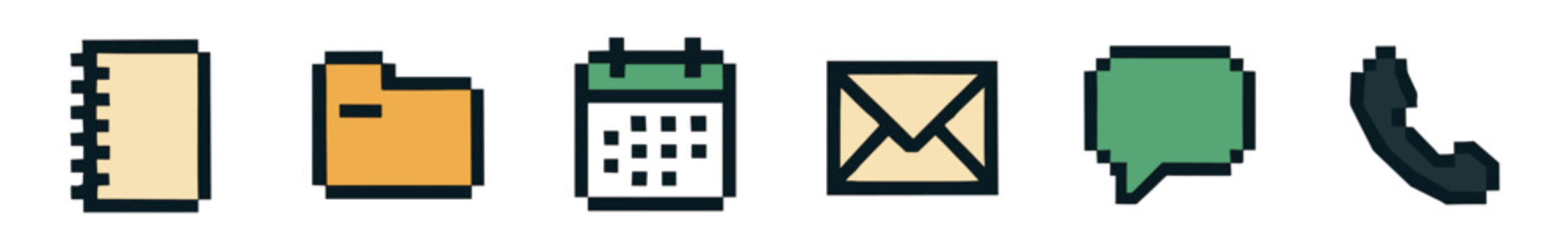 Set of six pixel art business icons including a notebook, folder, calendar, mail, chat, and phone for digital communication concepts in a retro 8-bit video game style