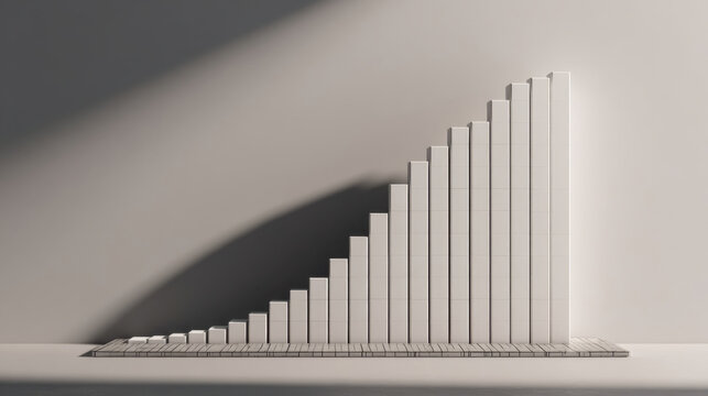 Bar chart data growth increase statistics finance analysis minimal three dimensional rendering with white columns rising grid, soft shadow and copy space, business performance concept, calm mood