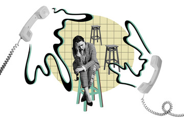 Composite photo collage of upset tired businesswoman sit chair operator call canter worker handset...