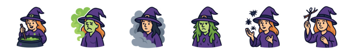 Charming set of six cartoon witch illustrations showing various magical activities like brewing potions, casting spells with spiders, feeling sick, and being covered in green slime